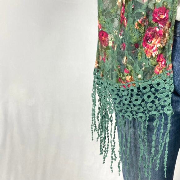Sweet Rain Sage Floral Mesh Fringe Cardigan Cover Up Shawl Sz Medium - Picture 4 of 11